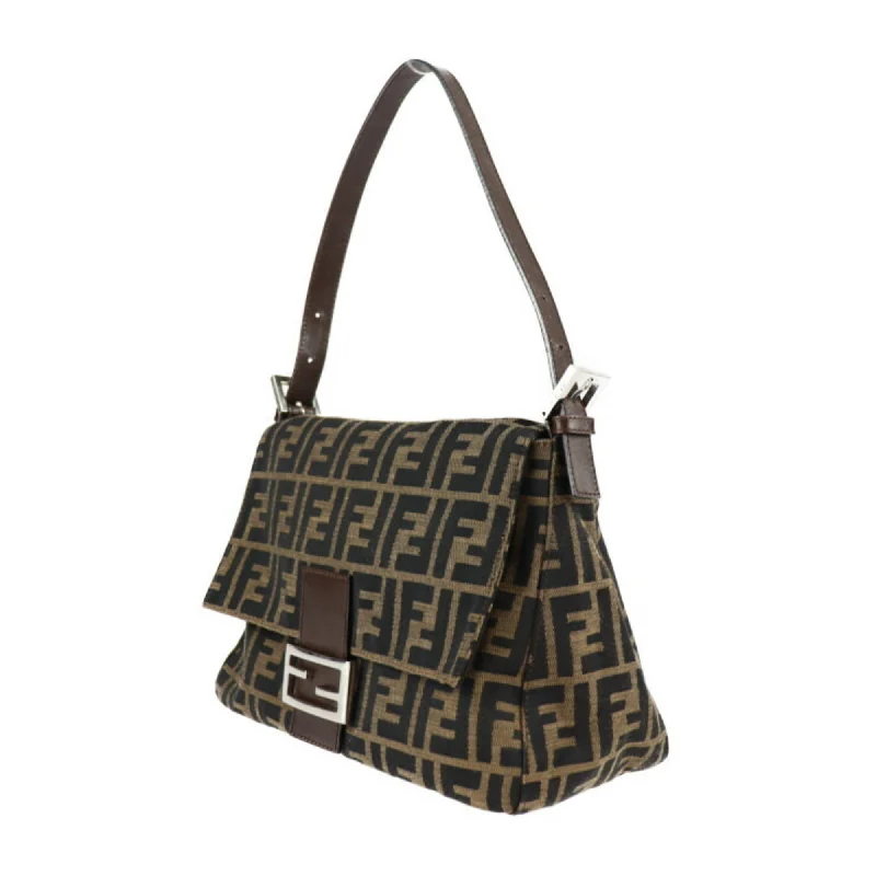 FENDI Mamma Bucket Handbag 2348 26325 008 Canvas Leather Brown Silver Hardware Zucca One Shoulder Bag