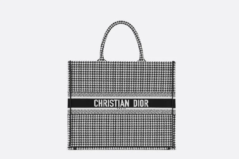 Dior r Book Tote Black and White Houndstooth Embroidery