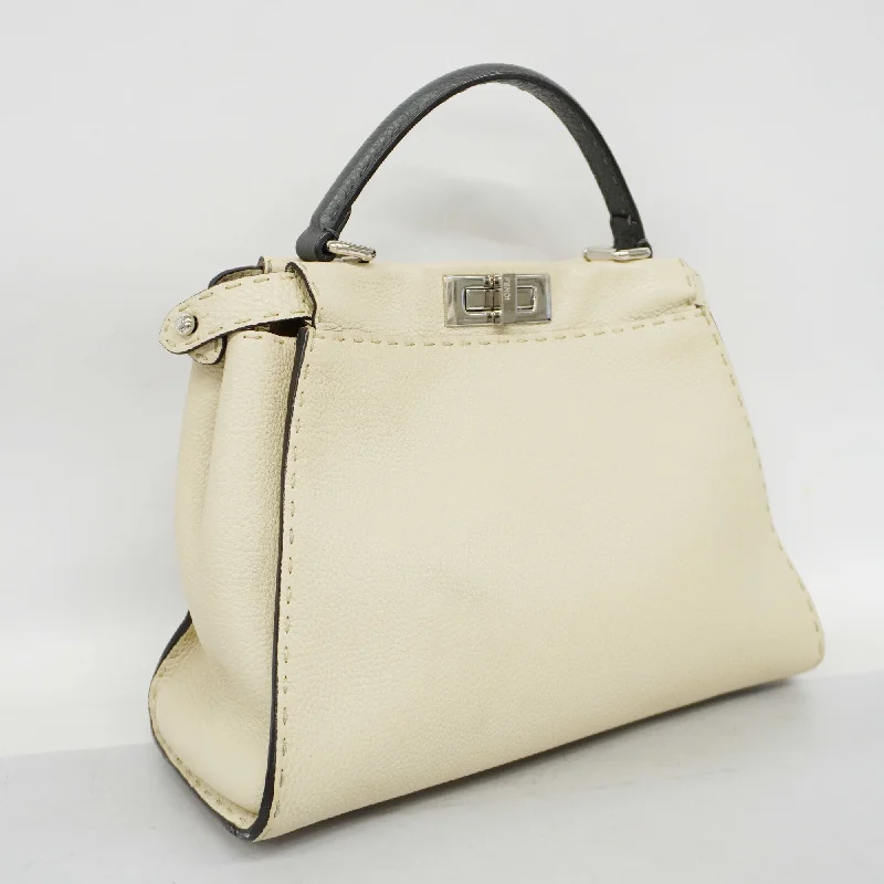 FENDI Peekaboo 2way Bag Selleria Leather Handbag,Shoulder Bag Gray,Ivory