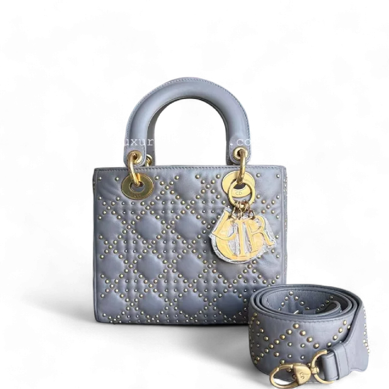 Dior Small Lady Shoulder Bag - Studded Cannage Grey Gray Golden Hardware