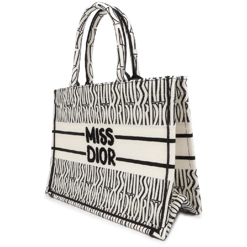 Dior Miss Dior Allover Embroidery Book Tote White/Black M1296ZEZE_M041 Canvas Size Medium