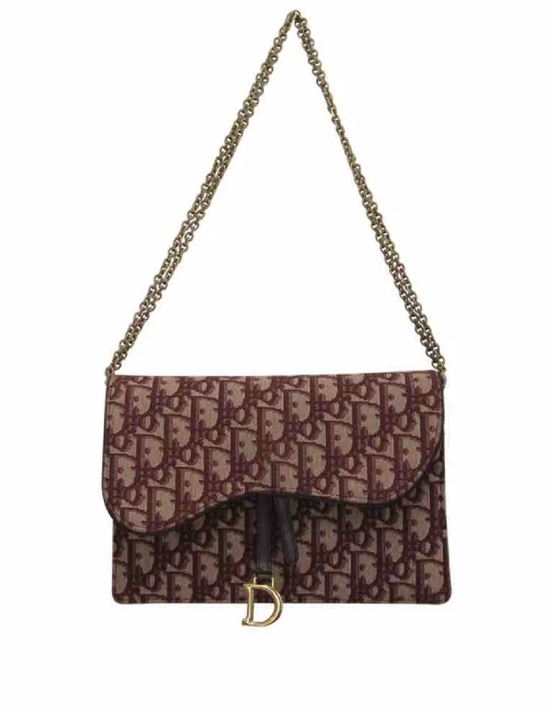 Dior Saddle Pochette Burgundy Canvas Pattern Small Chain Shoulder Bag