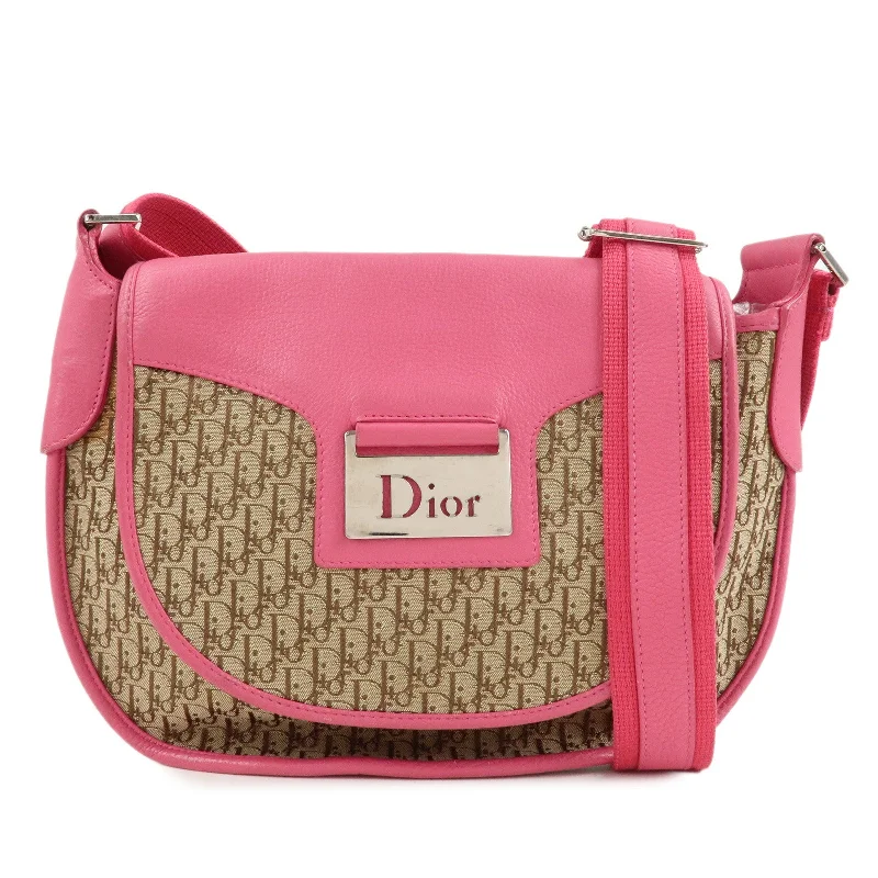 Christian Dior Trotter Canvas Leather Shoulder Bag Beige Pink