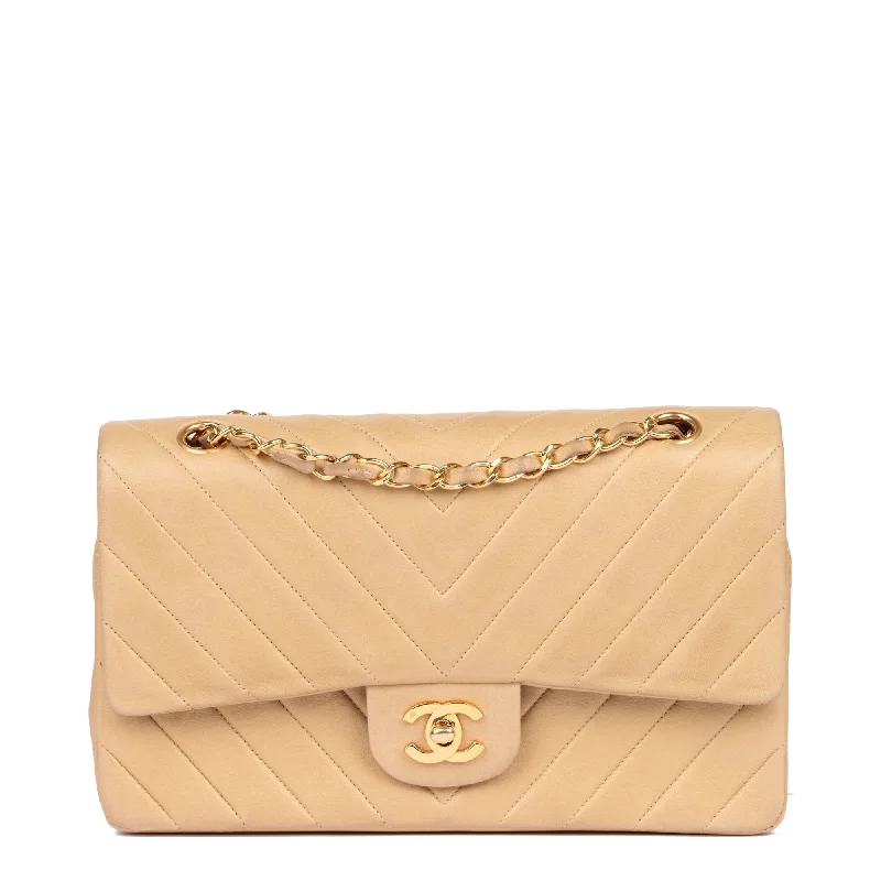 Chanel Beige Chevron Quilted Lambskin Vintage Medium Classic Double Flap Bag