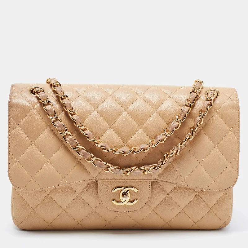 Chanel Beige Quilted Caviar Leather Jumbo Classic Double Flap Bag