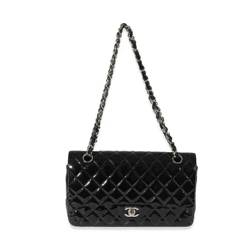 CHANEL Black Quilted Patent Leather Medium Classic Double Flap Bag