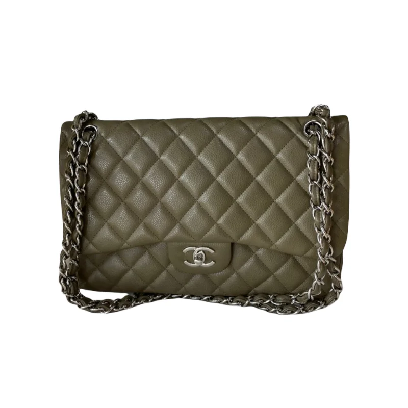 Classic Double Flap Jumbo Caviar Olive Green SHW