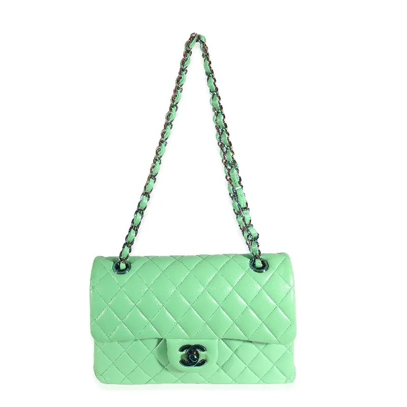 CHANEL Green Quilted Lambskin Rainbow Small Classic Double Flap Bag