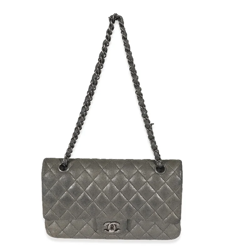 CHANEL Grey Metallic Nubuck Medium Classic Double Flap