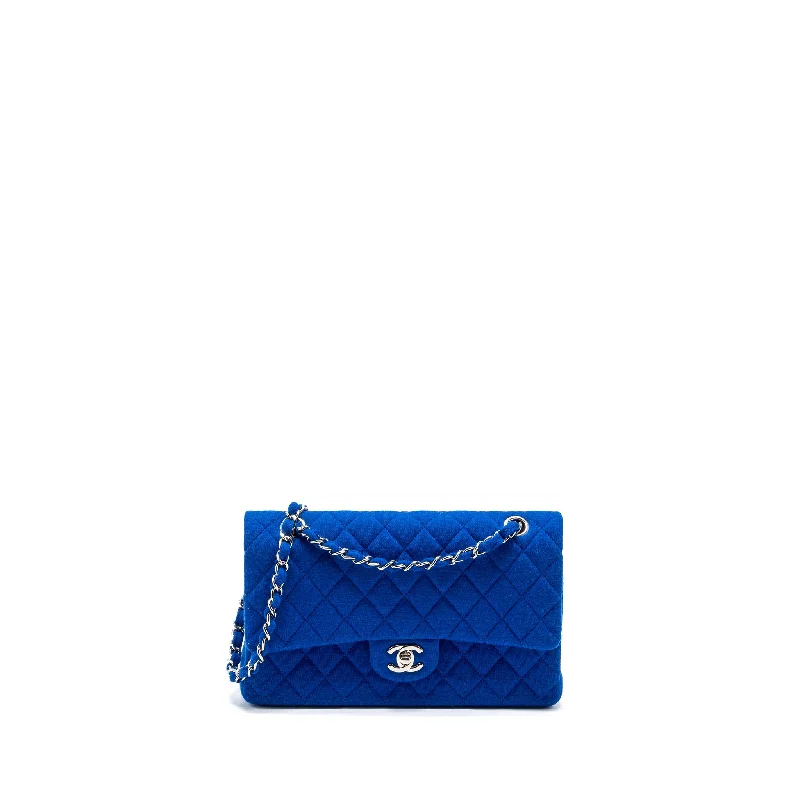 Chanel medium classic double flap bag fabric blue SHW