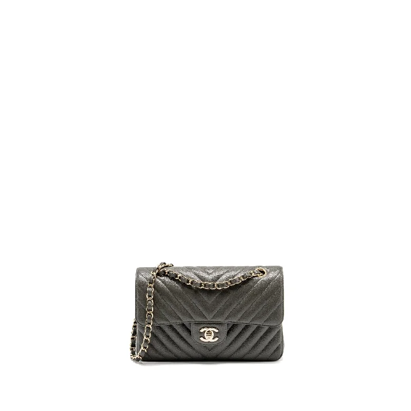 Chanel Small Classic Double Flap Bag Chevron Caviar Dark Grey LGHW