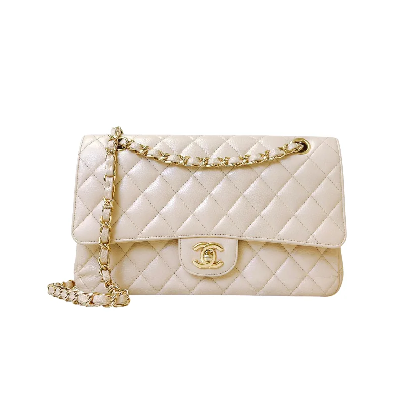 Double Flap Medium Caviar Beige GHW