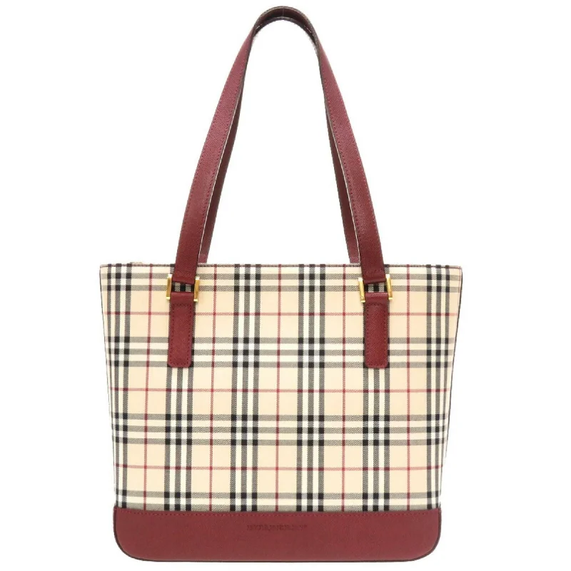 Burberry Check Canvas Leather Beige Bordeaux Handbag Bag 0092 BURBERRY